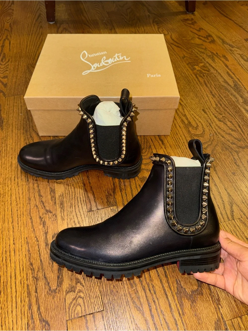Size 38 Christian Louboutin Capahutta flat leather ankle boots black silver